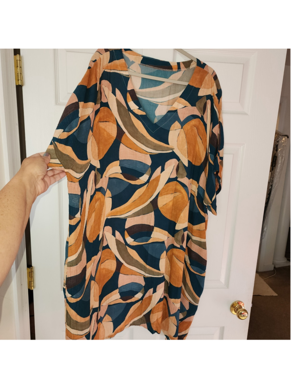 Noonday Collection shift dress,
Orange Teal Blue Abstract Print Midi - Picture 2 of 3